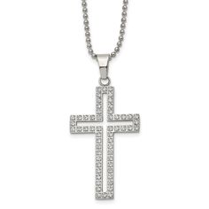 Celebrate and honor all special occasions with jewelry of religious significance! Our collection of spiritually inspired designs that show faith, hope and devotion are perfect for commemorating life's milestones. This polished stainless steel necklace features a voided cross pendant prong-set with white cubic zirconia stones that is approximately 26mm (1 inch) in width by 54mm (2 1/8 inches) in length, which includes the bail. It hangs on a 1.5mm width by 22-inch-long polished bead chain that cl Ball Chain Necklace, Stainless Steel Polish, Bow Jewelry, Men's Necklace, Cross Pendant Necklace, Jewelry Companies, Faith Hope, Black Bow, Stainless Steel Necklace