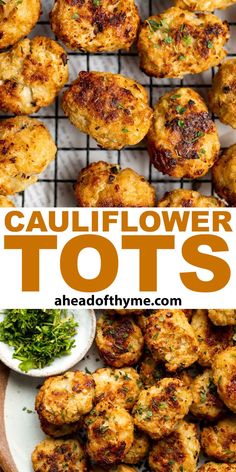 cauliflower tots on a cooling rack with herbs