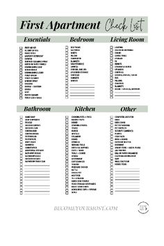 the first apartment check list is shown in this printable version, which includes items for each