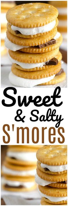 several cookies stacked on top of each other with the words sweet and salty s'mores