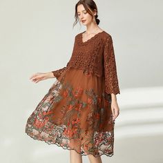 New ladies loose hollow lace stitching dress