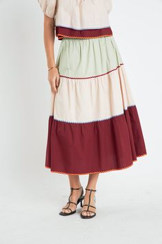 ENGLISH FACTORY - Color Block Midi Skirt - SKIRTS available at Objectrare Unique Skirt, Unique Skirts, Rick Rack, Midi Length Skirts, Skirts For Sale, Evening Wear, Midi Length, Color Blocking, Color Block