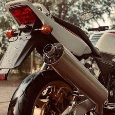 the back end of a motorcycle parked in a parking lot next to trees and bushes