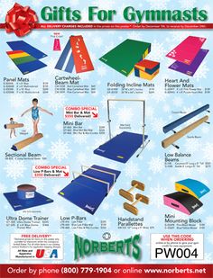 an advertisement for the norbert's christmas gift guide, featuring gifts for gymnastics