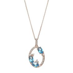 "Accentuated with blue and white cubic zirconia stones, this oval necklace makes an exquisite accessory.PENDANT DETAILS Pendant length: 1 in. Chain length: 18 in. Chain type: rolo Clasp: spring-ring Metal: sterling silver Plating: 14k rose gold Finish: polished Packaging: boxed CUBIC ZIRCONIA DETAILS Total weight: 3/8 ct. Shape: oval, pear, round brilliant cut Color: blue, white Setting: prong Gemstones may have been treated to enhance their appearance. Special care may be required.  Size: 18"". Oval Blue Cubic Zirconia Necklaces, Oval Blue Cubic Zirconia Necklace, Blue Oval Pendant Necklace With Diamond Accents, Blue Marquise Necklace For A Gift, Blue Marquise Necklace For Gift, Oval Necklace With Sparkling Stones For Gift, Nana Necklace, Oval Pendant Necklace, Oval Necklace