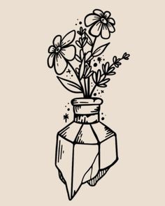 a black and white drawing of flowers in a vase