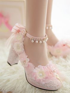 Pink hime lolita high heels with a cherry blossom theme.  The heels feature a butterfly bow and cherry blossom decorations, while the toe box has a sakura design.  The ankle strap is adorned with beaded chain decorations.  This price is for a pair of shoes only.  The heel height 8cm: sizes 34, 42, and 43 are out of stock.   	 		 			Size 			33 			34 			35 			36 			37 			38 			39 			40 			41 			42 			43 		 		 			Foot Length 			21.5 			22 			22.5 			23 			23.5 			24 			24.5 			25 			25.5 			26 			2 Fairy Shoes, Dr Shoes, Cute Shoes Heels, Pink Platforms, Lace Shoes, Kawaii Shoes, Flower Shoes, Princess Shoes, Fancy Shoes