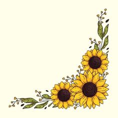 sunflowers with green leaves and yellow flowers on the bottom left corner are drawn by hand