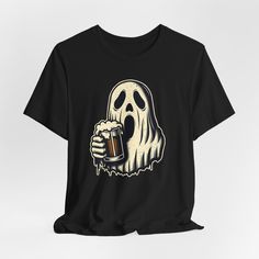 Ghost Drinking Beer Halloween Shirt, Funny Beer, Halloween Beer, Halloween Costume, Halloween Ghost, Vintage Beer, Funny Halloween, Beer Tee This classic unisex jersey short sleeve tee fits like a well-loved favorite. Soft cotton and quality print make users fall in love with it over and over again. These t-shirts have-ribbed knit collars to bolster shaping. The shoulders are tapered for a better fit over time. Dual side seams hold the garment's shape for longer. .: Made with 100% Airlume combed Black Crew Neck T-shirt For Costume Party, Halloween Novelty T-shirt For Streetwear, Novelty Halloween T-shirt For Streetwear, Halloween Band Merch T-shirt With Crew Neck, Halloween Band Merch Crew Neck T-shirt, Casual Black T-shirt For Costume Party, Casual Crew Neck T-shirt For Costume Party, Halloween Novelty Streetwear Top, Halloween Band Merch Shirt With Crew Neck