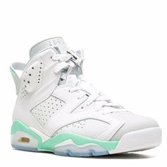 These Air Jordan 6 Stand Out Thanks To Their "Mint Foam" Colourway. This High-Top Sneaker Is Crafted From White Leather With Perforated Detailing Throughout And Sits Atop A Rubber Sole For Comfort. The Signature Jumpman Motif Completes The Look In The Same Mint Shade As The Sole. Made In: Bangladesh Brand Color: White/Pure Platinum-Mint Foam Highlights White Leather Signature Jumpman Motif Contrasting Panel Detail Perforated Detailing Round Toe Front Lace-Un Fastening White Jordan Sports Shoes With Perforations, White Jordan Shoes With Perforated Toe Box, White Jordan Shoes With Perforations For Sports, White Custom Sneakers With Perforated Toe Box For Sports, White Jordan Shoes With Perforations, White Jordan Shoes With Perforated Toe Box For Streetwear, White High-top Sneakers For Sports, White Custom Sneakers With Perforations For Light Sports, Air Jordan Retro 6