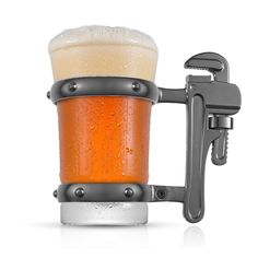 a beer mug with a wrench attached to it