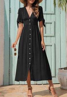 The EMES SHOP dress is detailed with fun tie sleeves. Features a v neck line. button down design. short sleeves. flowy dress. and mid-calf length. Pair it with sunnies and espadrilles for a magnificent summer look.MATERIALS: 91-99 % PolyesterMEASUREMENTS: Product length is 50"-51.9" 4-6-Small | Waist: 25-26.5 in | Chest: 33-34.5 in | Hips: 35-36.5 in 6-8-Medium | Waist: 26.5-28 in | Chest: 34.5-36 in | Hips: 36.5-38 in 8-10-Large | Waist: 28-29.5 in | Chest: 36-37.5 in | Hips: 38-39.5 in 10-12-X Tie Sleeve Dress, Princess Sleeves, Seersucker Dress, Princess Dresses, Maxi Slip Dress, Applique Dress, Tie Sleeve, Ethnic Style, Lace Maxi Dress