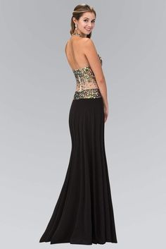 Elizabeth K - GL1070 Jeweled Halter Neck Jersey Trumpet Dress – Couture Candy Fitted Evening Dress With Corset Back For Pageants, Fitted Bodice Halter Dress For Prom Season Parties, Fitted Bodice Halter Dress For Prom Season, Fitted Bodice Halter Dress For Prom Party, Halter Dress With Fitted Bodice For Prom Season Party, Fitted Sleeveless Evening Dress For Pageant, Prom Halter Neck Embellished Gown, Halter Neck Embellished Prom Gown, Embellished Halter Neck Prom Gown