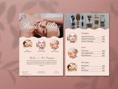 a beautiful salon brochure is displayed on a pink background with leaves and flowers