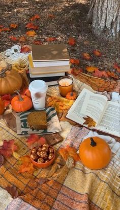 a table topped with books and pumpkins on top of a plaid covered blanket next to a tree