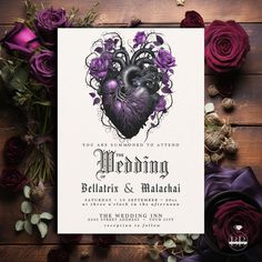 a wedding card with purple roses and an image of a heart on it, surrounded by other flowers