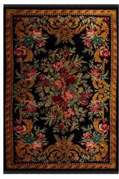 a black rug with red and yellow flowers on the bottom, surrounded by gold trimmings