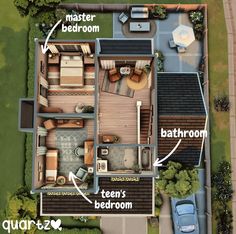 an overhead view of a house with the bedroom and bathroom labeled