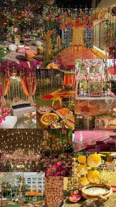 a collage of different pictures with flowers and decorations on display in front of them