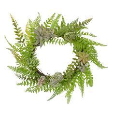 a wreath with green leaves and succulents