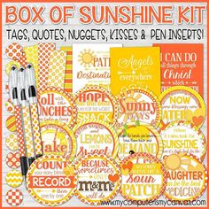 the box of sunshine kit includes tags, nuggets, kisses and penset