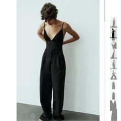 Nwt Zara Combination Long Nylon Jumpsuit Black Black Stretch Overall Bottoms, Black Stretch Overalls, High Waist Bodysuit For Work, Black Overalls For Party, Black High-waist Jumpsuits And Rompers With Pockets, Black High Waist Jumpsuits And Rompers With Pockets, Fitted Black Jumpsuits And Rompers With Pockets, Black Lined Party Bottoms, Zara Workwear Overalls