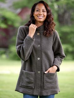 Classic lines and an easy fit make this jacket your go-to all season long. It's styled in a wool-blend fleece that's the perfect weight and is breathable to keep you from overheating. Finishing touches include a curved stand-up collar and two patch pockets. Classic car-coat style Easy silhouette Rounded stand-up collar Two patch pockets Full button front Approx. 30" long Polyester/wool Machine wash and dry Imported Exclusive to The Vermont Country Store | Women's Berber Wool Fleece Jacket - Gray Easy Silhouette, Vermont Country Store, Coat Style, Car Coat, Country Store, Jacket For Women, Coat Fashion, Wool Jacket, Gray Jacket