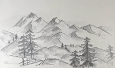 a pencil drawing of mountains and trees