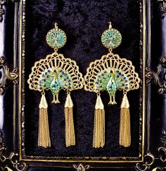 Absolutely Frivolous Art Nouveau turquoise peacock earrings, filigree fan (rare), gold plated PEACOCK with AB rhinestones, Vintage Czech claw set glass iridescent peacock, handmade chain tassels with signed 'Czecho' caps, European lever back pierced fittings that can be changed to clip-ons upon request. Elegant Tassel Earrings For Festive Occasions, Metal Tassel Earrings For Wedding, Gold Bohemian Tassel Earrings For Festive Occasions, Ornate Jeweled Party Earrings, Elegant Dangle Jewelry With Peacock Design, Elegant Green Jewelry With Peacock Design, Elegant Peacock Design Dangle Jewelry, Elegant Multicolor Chandelier Earrings With Latkans, Party Peacock Design Dangle Earrings