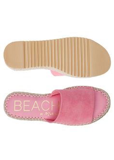 Fun summer pink sandal! Easy to walk in, very comfortable padded footbed True to size 2" espadrille platform **color looks darker or lighter based on lighting Platform Espadrille Slip-on Sandals, Casual Platform Footbed Sandals For Spring, Spring Platform Slip-on Footbed Sandals, Spring Slip-on Platform Footbed Sandals, Textured Sole Sandals For Beach, Casual Summer Wedge Sandals With Rubber Sole, Casual Platform Footbed Sandals For Vacation, Summer Beach Wedge Sandals With Rubber Sole, Trendy Beach Sandals With Textured Sole