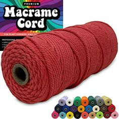 red macrame cord with multicolored spools in front of it