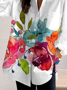 Women's Long Sleeve Shirt Spring/Fall Floral Shirt Collar Daily Going Out Casual Top White | justfashionnow White Shirt Fashion Women's, Long Tops For Women, White Tops For Women, Fabric Paint Shirt, White Floral Shirt, Shirt Collar Pattern, Fall White, Womens T Shirts, Floral Shirts