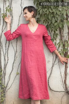 This minimalist design linen maxi dress is made from stonewashed Lithuanian linen. It is dedicated to your comfortable summer day, when you need to move easily, without restrains. This linen kaftan dress has 3/4 sleeves, loose silhouette, two side pockets and hidden zipper from the back that won't irritate your skin and is almost invisible. Dress has elegant and feminine V neckline. There is a possibility to choose any color from the color palette - there is more than 20 colors, so I hope you wi Spring Maxi Length Dress With Natural Dye, Spring Maxi Dress With Natural Dye, V-neck Dresses With Natural Dye, Spring V-neck Dress With Natural Dye, Summer Linen Dress With Natural Dye, Linen Kaftan Dress, Linen Dresses For Women, Linen Kaftan, Dress Linen