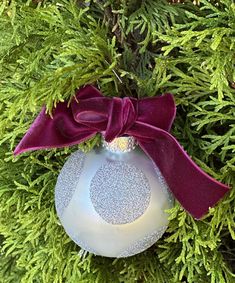 a christmas ornament hanging from a tree with a purple bow on it's neck