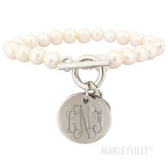 Monogram Pearl Bracelet | Marleylilly Elegant Personalized Stainless Steel Charm Bracelet, Everyday Stainless Steel Jewelry With Initials, Elegant Nickel-free Name Bracelet, Silver Monogram Jewelry For Everyday, Everyday Silver Monogram Jewelry, Elegant Hypoallergenic Name Bracelet As Personalized Gift, Classic Hypoallergenic Bracelets As Personalized Gift, Classic Hypoallergenic Bracelets For Personalized Gifts, Elegant Nickel-free Name Bracelet For Mother's Day