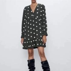 Nwt Zara Olive Green Baby Doll Dress With Polka Dot Pom Pom. Empire Waist, V Neck, Long Sleeves, Ruffle Hem. Long Sleeve Polka Dot Mini Dress For Spring, Casual Polka Dot V-neck Mini Dress, Polka Dot Casual Mini Dress For Fall, Casual Polka Dot Mini Dress For Fall, Casual Polka-dotted Mini Dress For Fall, Casual Mini Dress With Polka Dots For Fall, Casual Zara Mini Dress With Polka Dot Pattern, Casual Zara Polka-dotted Mini Dress, Zara Polka Dot Mini Dress For Spring