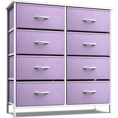 a purple dresser with six drawers on each side and two white knobs at the top