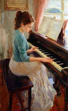 a painting of a woman sitting at a piano