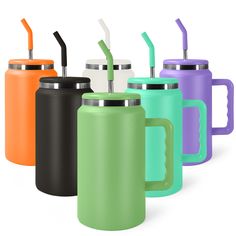 thermos mugs are lined up with their lids and straws in them