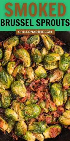 brussel sprouts in a skillet with bacon on top and green background