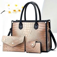 3pcs Set, Luxurious Crocodile Pattern Faux Leather Handbag Collection - Spacious Elegant Tote With Shoulder Bag And Stylish Letter Pattern Clutch - Perfect For Work, Travel, And Daily Life Retro Bags, Pu Bag, Faux Leather Handbag, Handbag Patterns, Crocodile Pattern, Designer Crossbody, Bag For Women, Bag Set, Print Tote