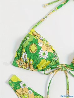 Orcajump - Green Floral Prin Tie Front 2 Piece Set Bikini, Spaghetti Strap Halter Stretchy Swimsuits, Women's Swimwear & Clothing Retro Green Stretch Swimwear, Retro Green Swimwear For The Beach, Green Retro Triangle Top Swimwear, Green Printed Halter Neck Swimwear, Green Spaghetti Strap Swimwear For The Beach, Green Spaghetti Strap Swimwear For Beach, Yellow Spaghetti Strap Swimwear For Vacation, Yellow Spaghetti Straps Swimwear For Vacation, Green Spaghetti Strap Swimwear