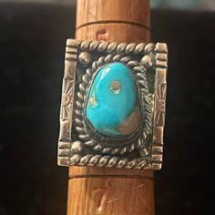 Vintage Artisan Crafted Sterling Silver Turquoise Ring. Absolutely Stunning Details! Unsigned, Unmarked, Tested Sterling Silver. Ring Size 6 Artisan Turquoise Ring Jewelry, Artisan Turquoise Ring, Unique Rectangular Turquoise Ring, Artisan Open Turquoise Ring, Handmade Turquoise Rectangular Rings, Artisan Turquoise Ring With Patina, Artisan Turquoise Cabochon Ring, Artisan Style Turquoise Ring As A Gift, Artisan Turquoise Gemstone Ring