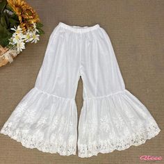 Qteee - Stylish Wide-Leg Pants with Embroidered Hollow Design and Elastic Waist Casual Wide-leg Pants With Floral Embroidery, Non-stretch Embroidered Casual Bottoms, Casual Non-stretch Embroidered Bottoms, Non-stretch Wide Leg Pants With Floral Embroidery, Casual Pants With Floral Embroidery, Casual Floral Embroidered Trousers, White Casual Pants With Floral Embroidery, Casual White Pants With Floral Embroidery, Embroidered Non-stretch Wide Leg Bottoms