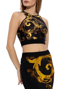 80% Polyester, 20% Elastane Luxury Tops For Summer Night Out, Luxury Fitted Gold Top, Gold Fitted Luxury Top, Luxury Gold Top For Evening, Luxury Gold Tops For Evening, Luxury Fitted Tops With Baroque Print, Fitted Luxury Tops With Baroque Print, Luxury Fitted Top With Baroque Print, Designer Fitted Gold Top