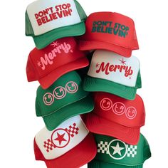 Don't Stop Believin' Trucker Hat Spreading the Holiday Cheer! This his or hers trucker is part of our Holiday Collection. Cute and perfect for all your Holiday events. So light, medium profile and a perfect addition to your growing hat collection. 5 Panel Foam Mesh Back Trucker, Pro Style Adult Sizing 100% Poly Foam Front, 100% Nylon Back Christmas Trucker Hat, Southern California Beaches, Dont Stop Believin, Custom Trucker Hats, Holiday Events, Hat Ideas, Hat Collection, Dont Stop, Diy Clothing