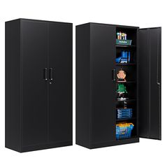 two black storage cabinets with doors open on each side and shelves in the middle for books