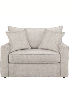 a light colored couch with pillows on it's arms and backrests, against a white background