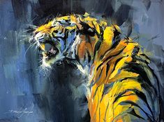 a painting of a tiger with yellow and black stripes on it's face, looking to its left