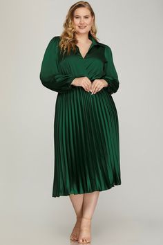 Perfect for a fall event to look sunning. PLUS - SURPLICE LONG SLEEVE WOVEN SATIN PLEATED MIDI DRESSMODEL IS 5'8.5'' AND MODEL IS WEARING SIZE XL S:95%POLYESTER 5%SPANDEX L:100%POLYESTER. Plus Size Midi Dress, Fall Events, Event Dresses, Plus Size Dress, Xl Dress, To Look, New Dress, That Look, Midi Dress